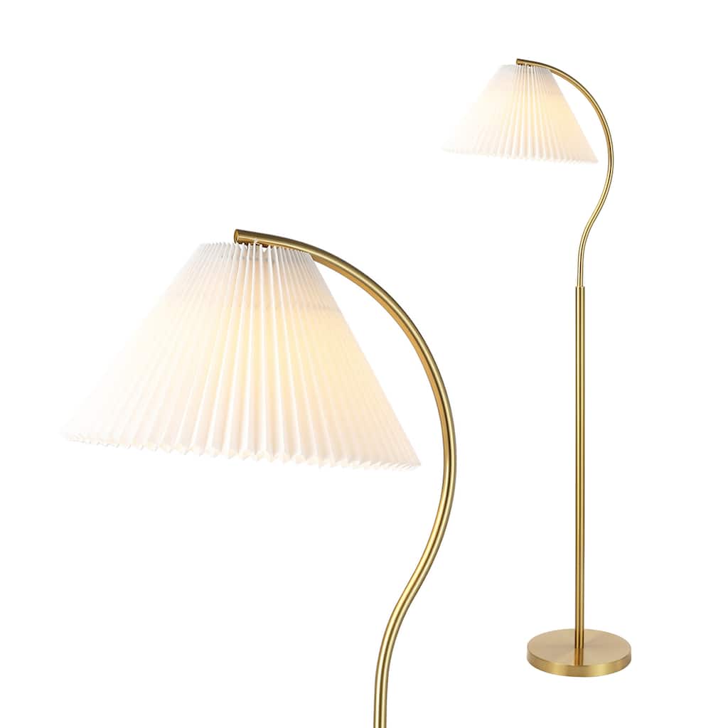 Freida 60.5" Modern Glam Metal Arc LED Floor Lamp with Pleated Shade, Brass Gold/White, by JONATHAN Y