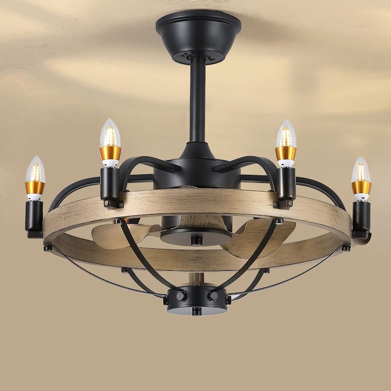 23"/32" Modern Chandelier LED Ceiling Fan with Remote,Wood Grain Caged Fandelier