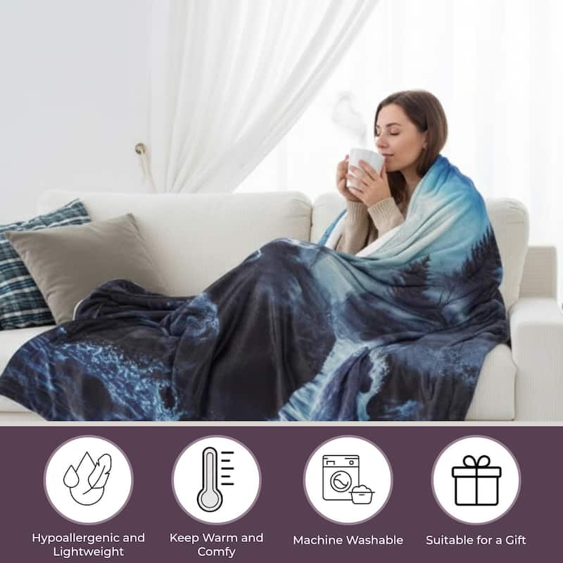 Sherpa Fleece Throw Blanket- Howling Wolf Pattern, Lightweight Hypoallergenic Bed or Couch Soft Plush Blanket by Windsor Home