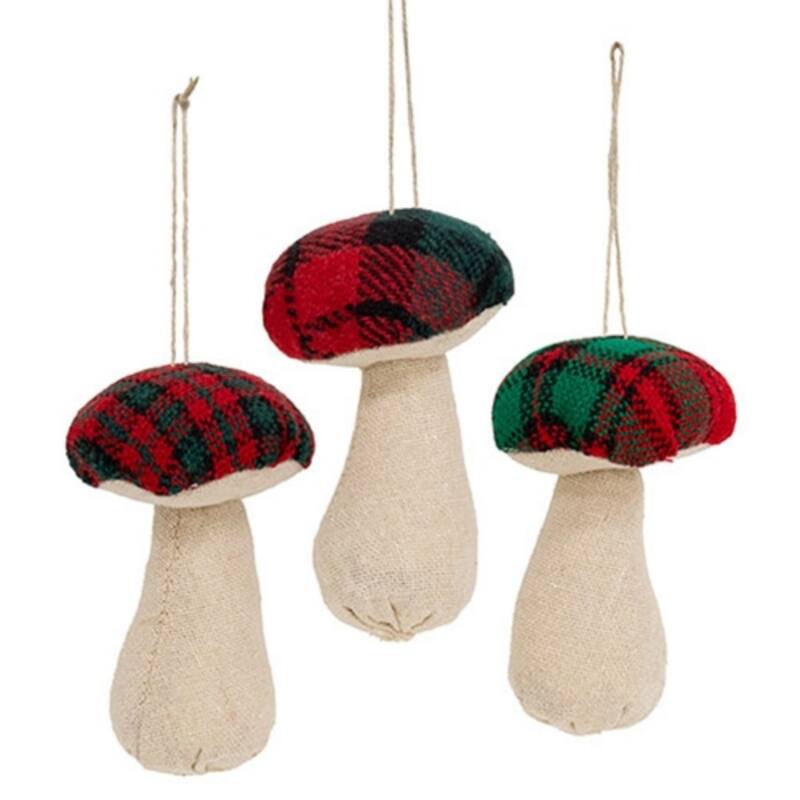 Set of 3 Beige-Red-Green Plush Mushroom Ornaments with Twine Hanger Set - 2.25 x 2.25 x 3.50 in. - Green/Beige/Red