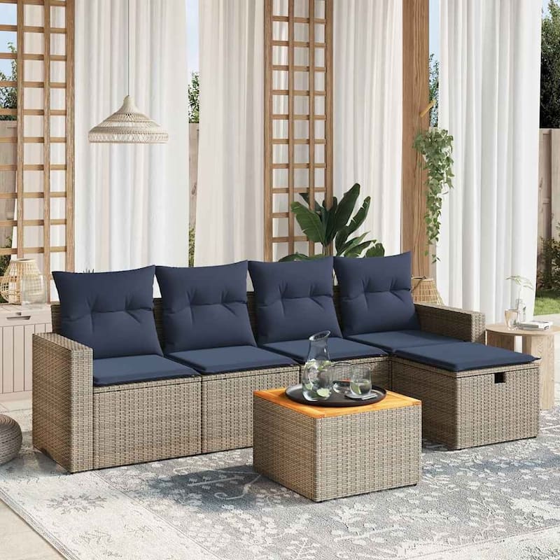 vidaXL Patio Sofa Set with Cushions Outdoor Furniture 6 Piece Poly Rattan - 21.7" x 24.4" x 27.2" - Gray