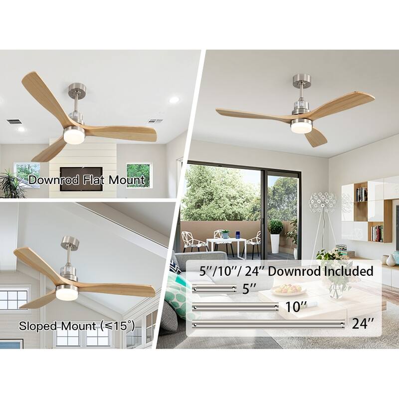 52" Solid Wood Noiseless 3-Blade Ceiling Fans with Dimmable LED Light Optional and Remote, 6-Speed Reversible DC Motor