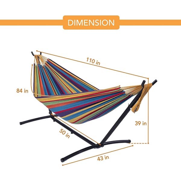 dimension image slide 9 of 12, Double Cotton Hammock with Space Saving Steel Stand