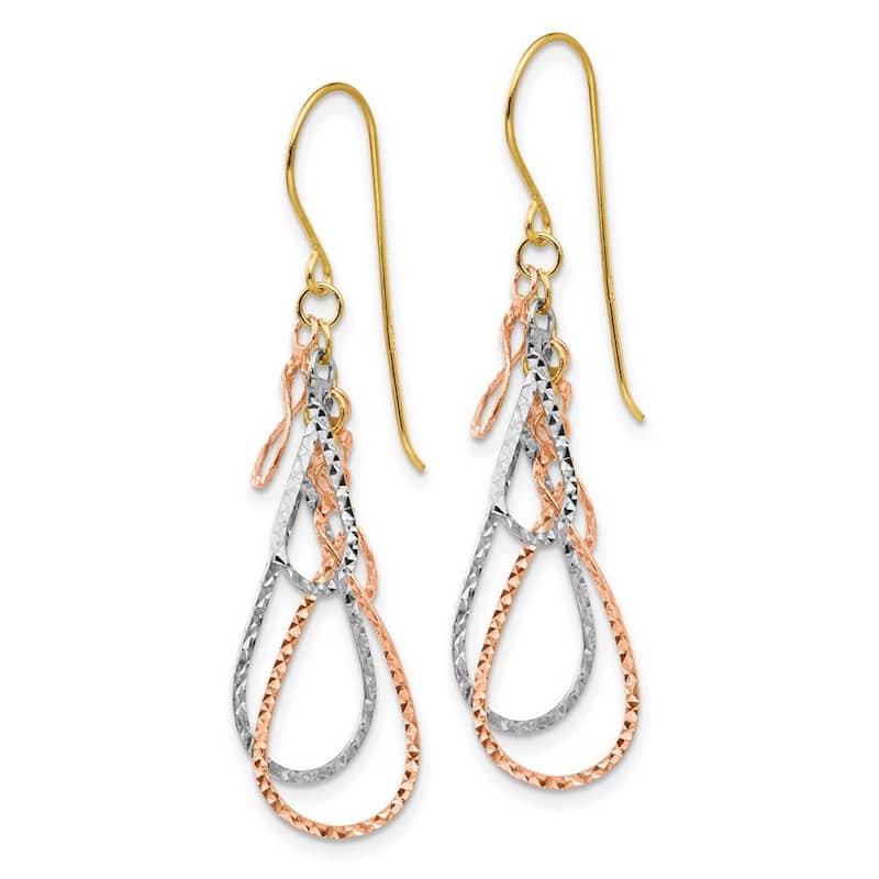 Curata 14k Tri Color Gold 44x10mm Diamond Cut Tear Drop Dangle Earrings