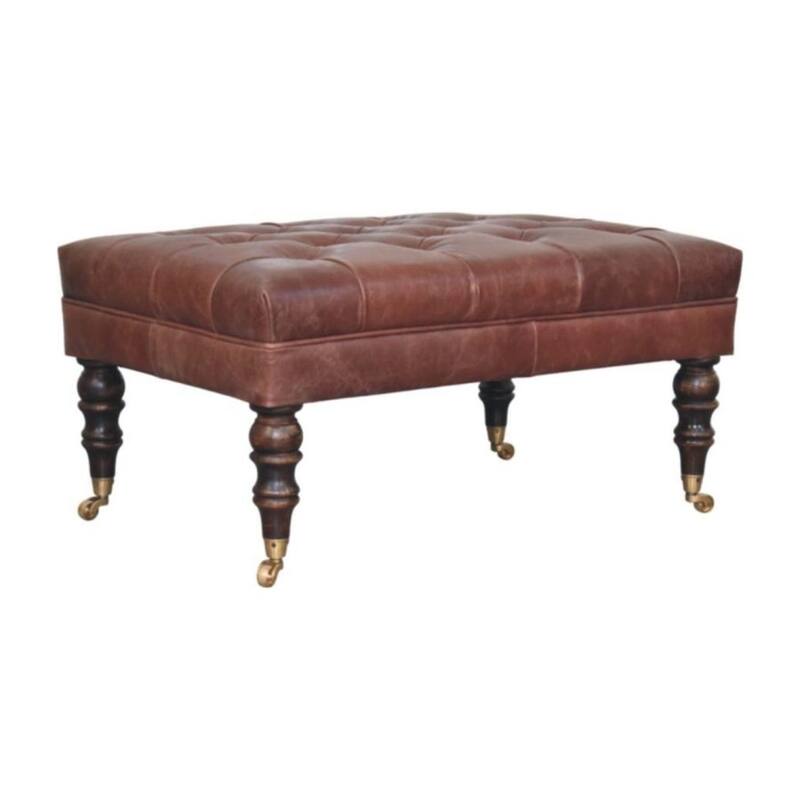 Artisan Furniture Solid Wood Buffalo Brown Leather Ottoman with Castor Legs