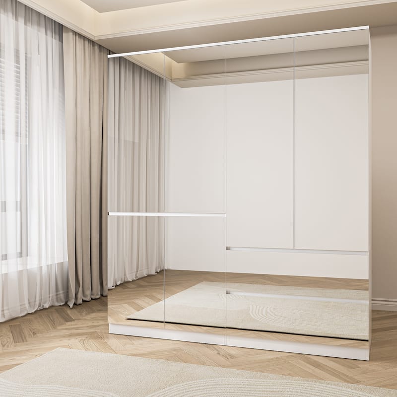 Modern Mirrored Wardrobe Armoire with Hanging Rod White Bedroom Storage Cabinet, Freestanding Closet Organizer