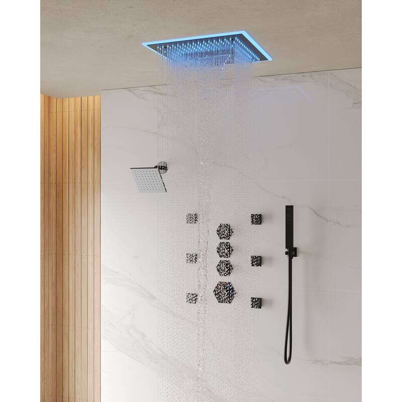 Shower Faucet Set Dual Heads with 3 Spray Modes 16" Ceiling and 6" Wall Mount Body Jets Handheld Spray LED Music - Matte Black