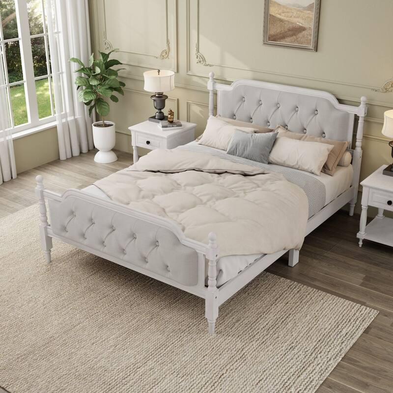 Traditional Style Solid Wood Bed Frame with Upholstered Tufted Headboard,No Box Spring Needed