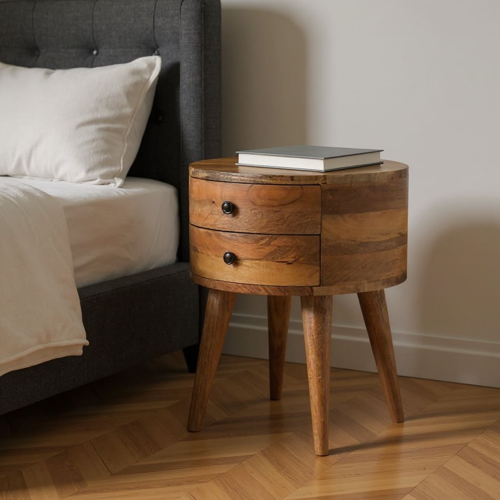 HomeRoots 20" Natural Solid Wood Round Two Drawer Nightstand