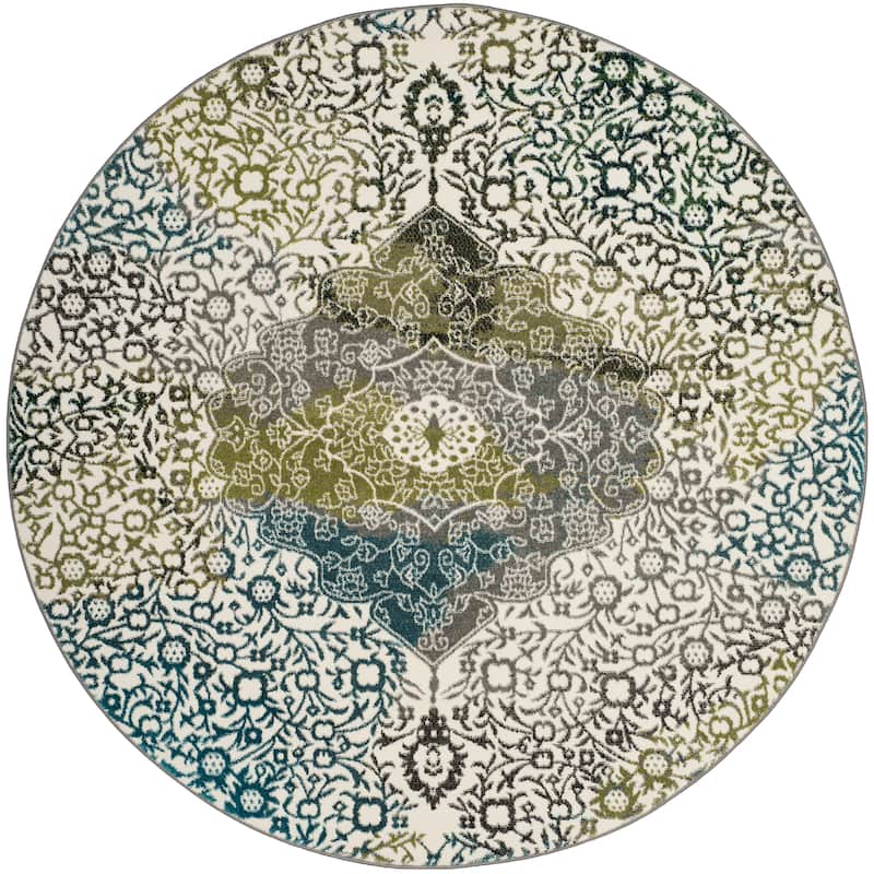SAFAVIEH Watercolor Sierra Modern Abstract Medallion Rug - 6'7" Round - Ivory/Peacock Blue
