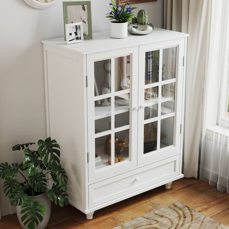 Anmytek Modern White Buffet Cabinet with Glass Doors and Drawer Wooden Storage Sideboard for Dining Room