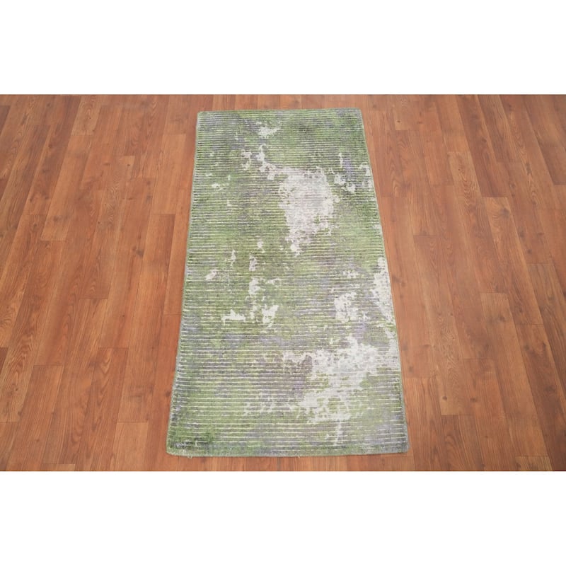 Hand Knotted Oriental Viscose Silk Carpet Modern All-Over Green Abstract Area Rug - 4' 0'' X 2' 0''