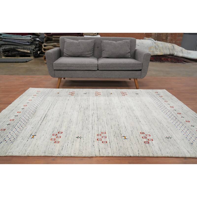Hand Knotted Oriental 100% Wool Carpet Tribal Animal Pictorial Beige & Ivories Gabbeh Area Rug - 7' 7'' X 5' 3''
