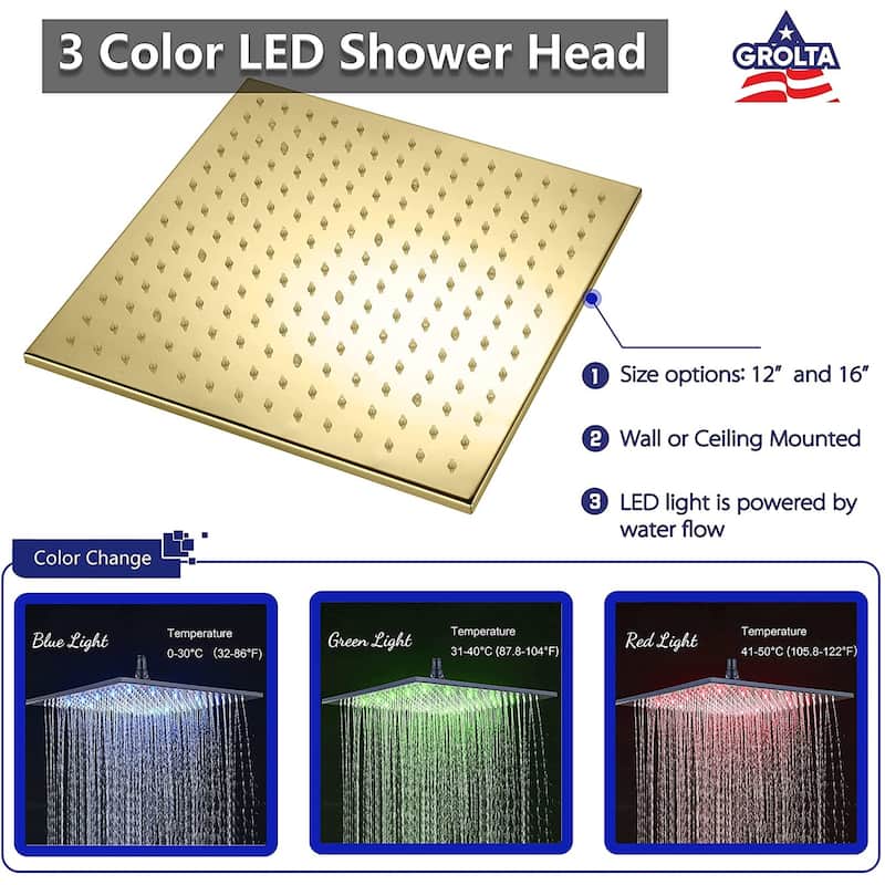 Polished gold wall mount 12 inch 3 LED light rain head 2 way shower faucet with handle sprayer - 7'6" x 10'9"