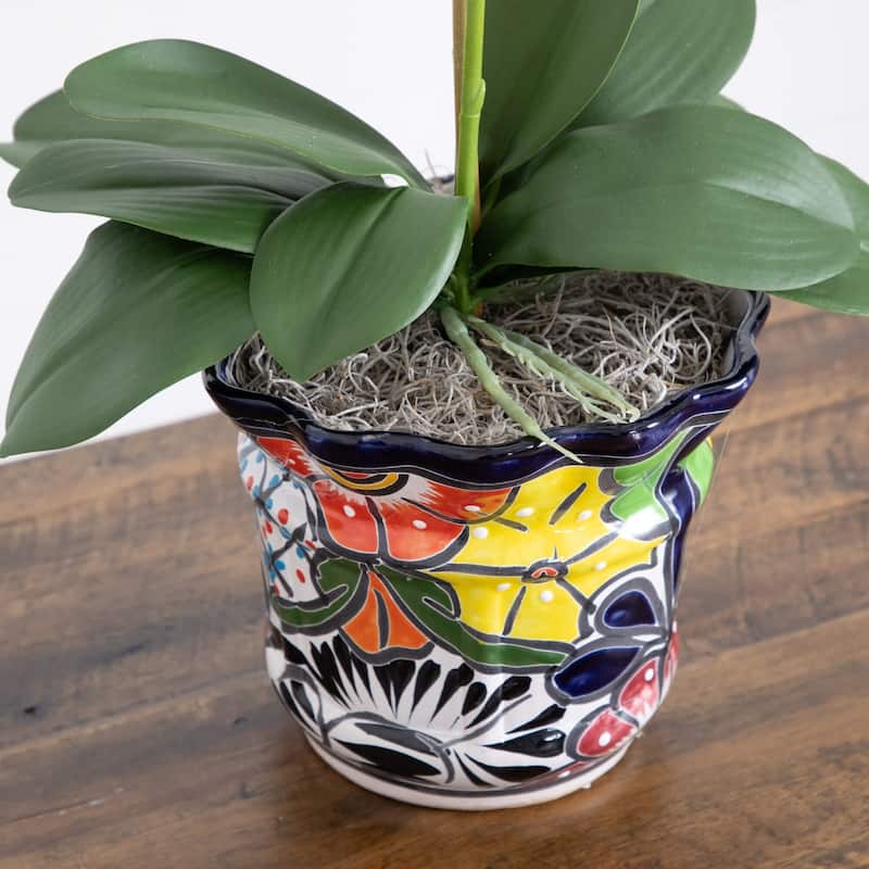 Double Orchid Artificial Floral Arrangement in Mexican Talavera Planter - 26"
