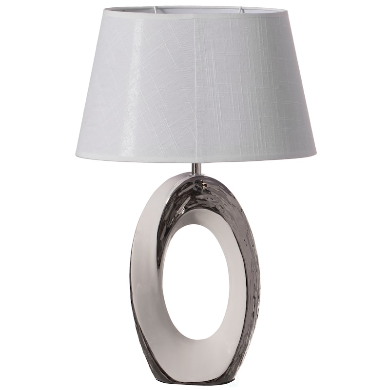 19" Decorative Ceramic Table Lamp, with Silver and White Oval Stand and White Cotton Lampshade - Silver and White Oval Base