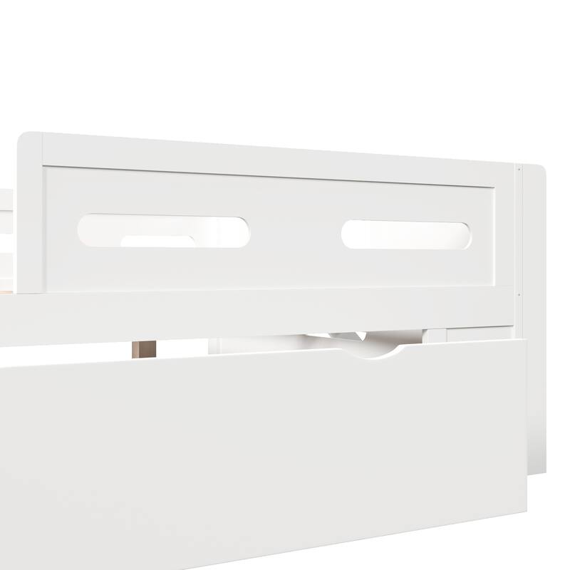 Roomfitters Full/Twin Size Wood Platform Bed with Underbed Storage Drawer and Safety Guardrails, Modern Low Loft Frame