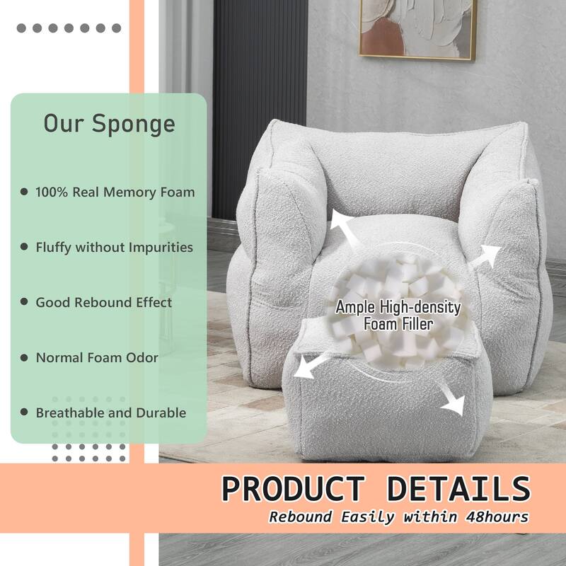 Boucle Upholstered Deep Seat Armless Square Bean Bag Chair with Ottoman