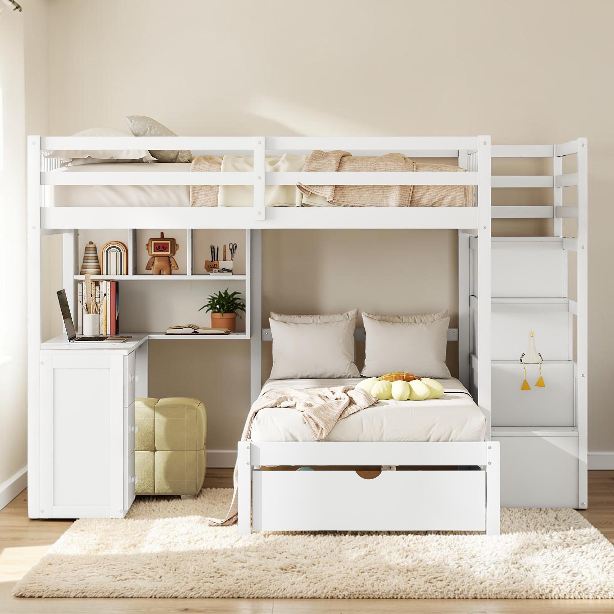Full Over Twin Bunk Bed with Desk, Storage Drawers and Shelves, Wooden Bunk Bed with Staircase Storage