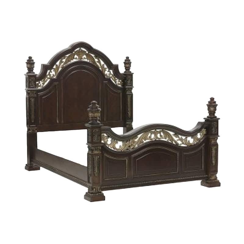 Lumi Four Pc Queen Bedroom Set, Gold Scrollwork, Acanthus Leaf Carving, Cherry Brown