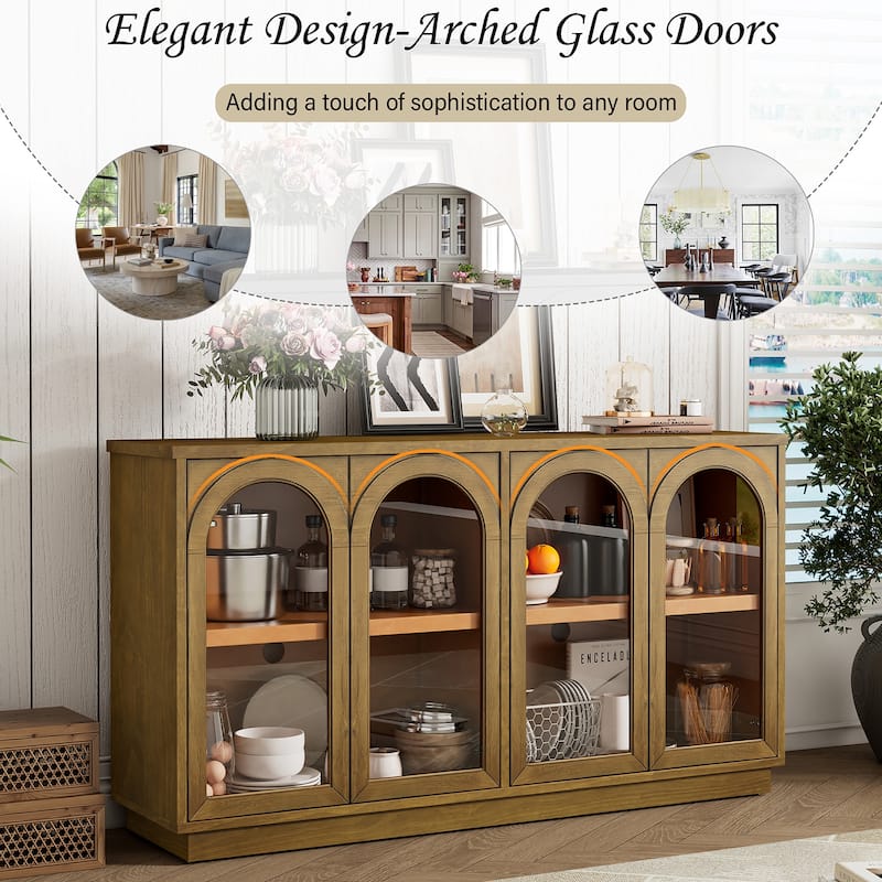 4-Door Buffet Cabinet,Large Storage,Glass Doors and Adjustable Shelves
