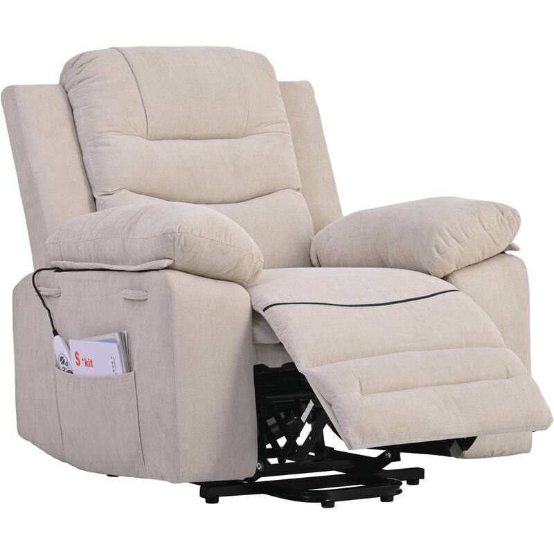 Linen Power Lift Recliner Chair with Massage & Heating, Ergonomic Single Lounge Sofa, Recliner Chair with Side Pockets