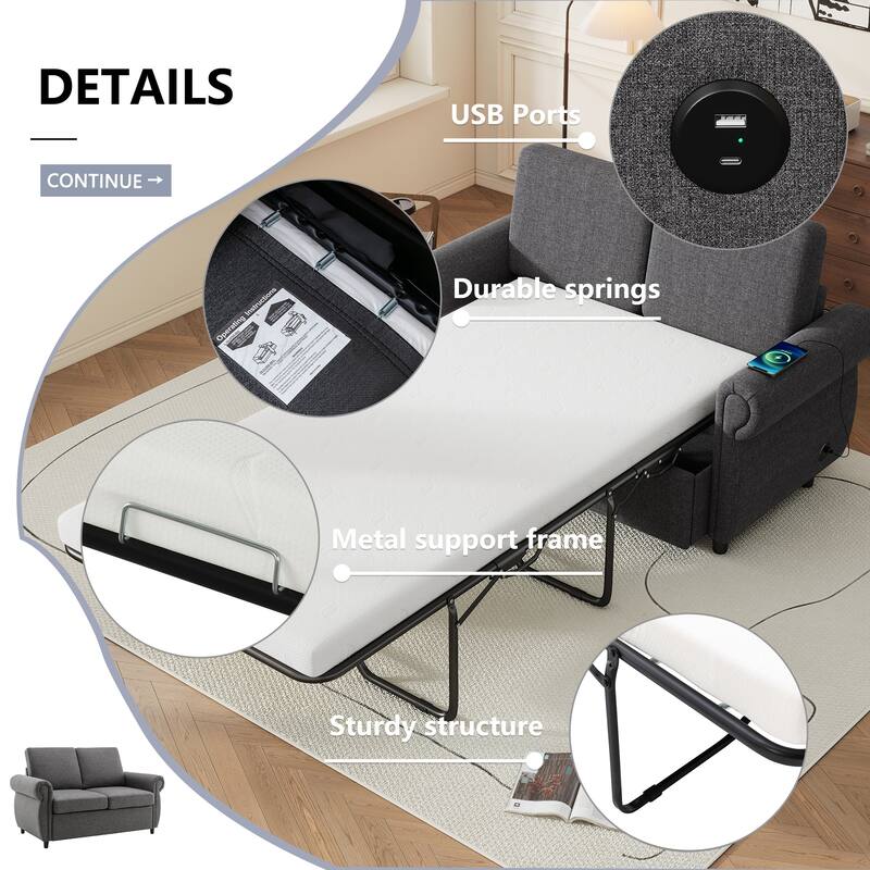 57.9" Pull-Out Loveseat Sleeper Sofa with Twin Memory Foam Mattress and USB Ports, Compact Sofa Bed for Living Room