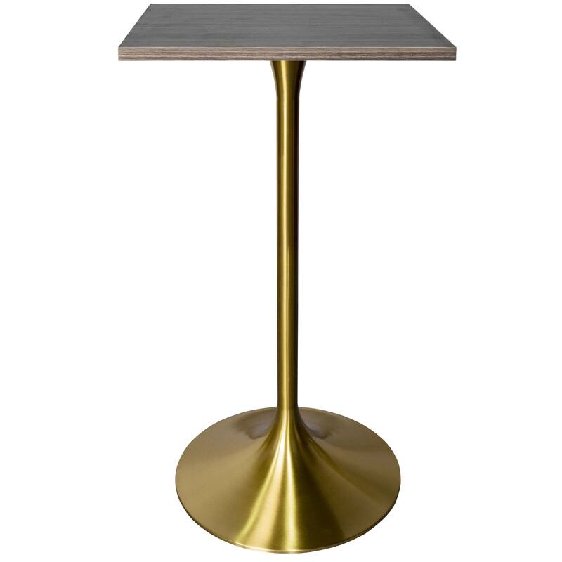 Verve 43 in. Tall Bar Height Dining Table Square MDF Wood Tabletop in Gold Stainless Steel Pedestal Base Accent Bar Table - Dark Maple