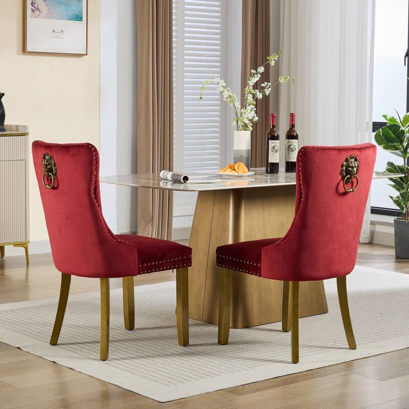 Velvet Dining Chairs Set of 2, Tufted Dining Chairs with Nailhead Trim, Kitchen Chairs with Lion Head Pulls Ring & Wooden Legs