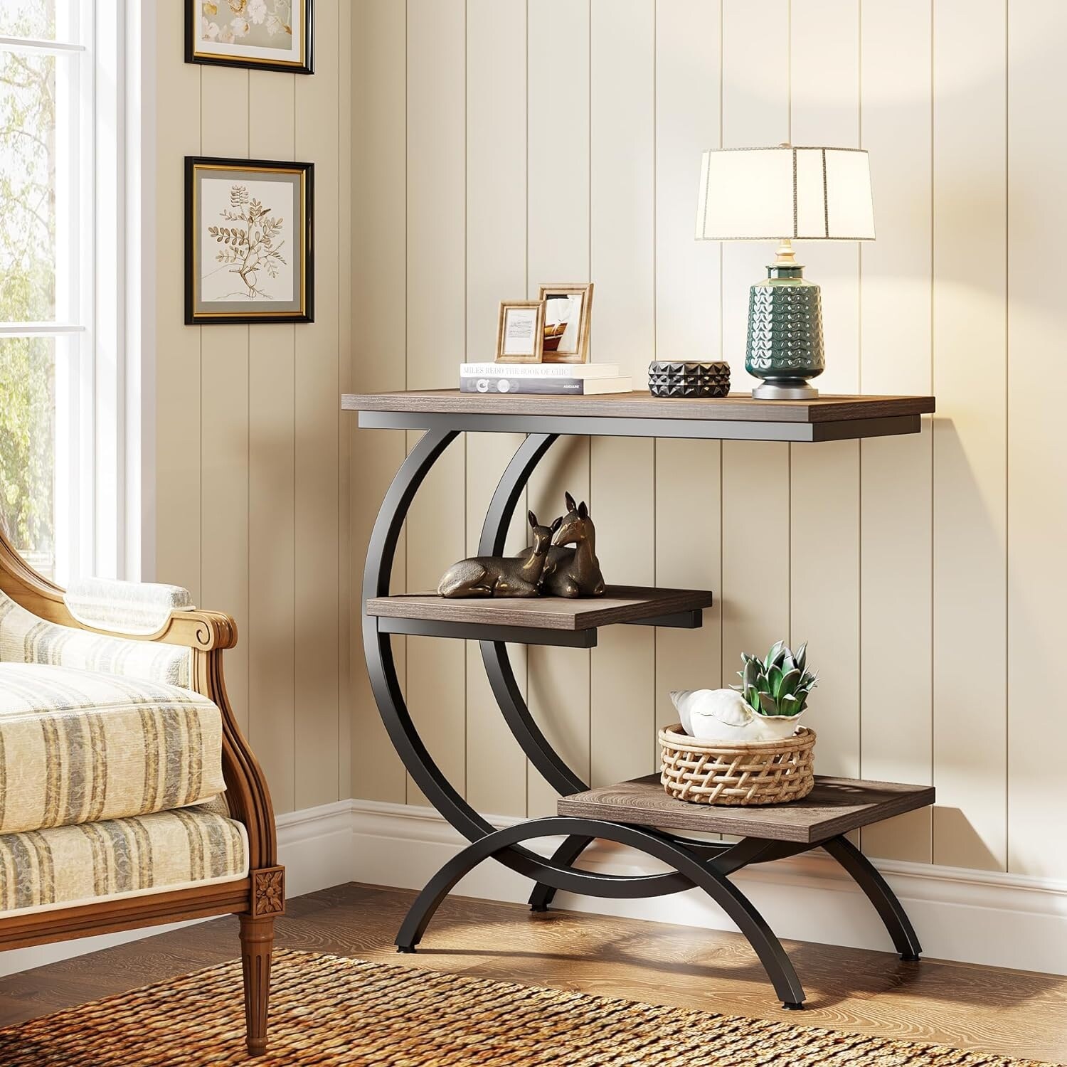 C-Shaped Side Table, 3-Tier Wood End Table with Storage Shelves