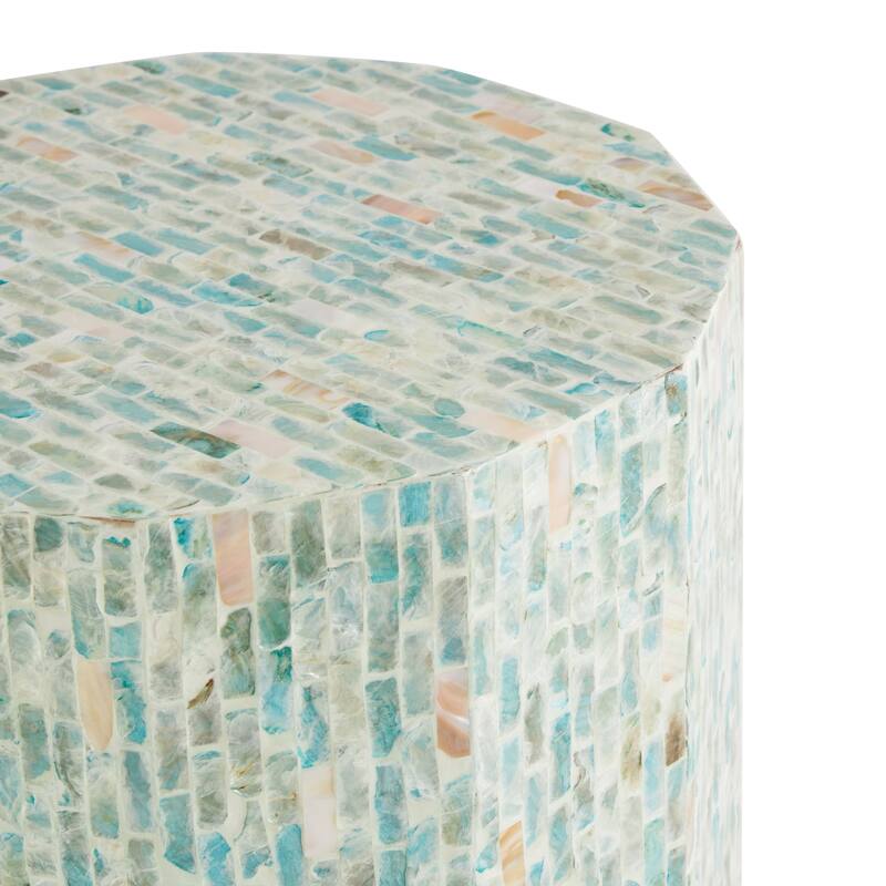 Mother of Pearl Shell Handmade Mosaic Inlay Drum Side End Accent Table - Blue - Roche River Decor