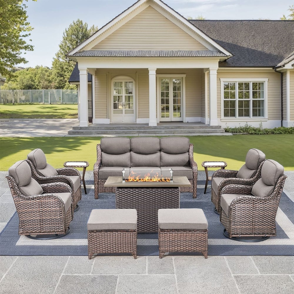 Pocassy Outdoor 6 Inch Sofa Chair Ottoman with Fire Pit Table Set