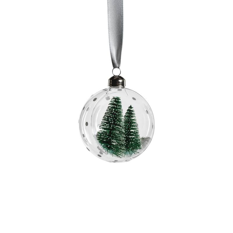Clear Glass 3.25" Ball Ornaments w/ Green Pine Trees, Set of 6