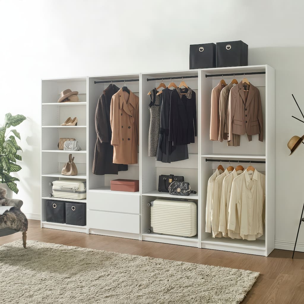 Prosper White Freestanding Walk in Wood Closet System - 125.6"W x 15.7"D x 83" H