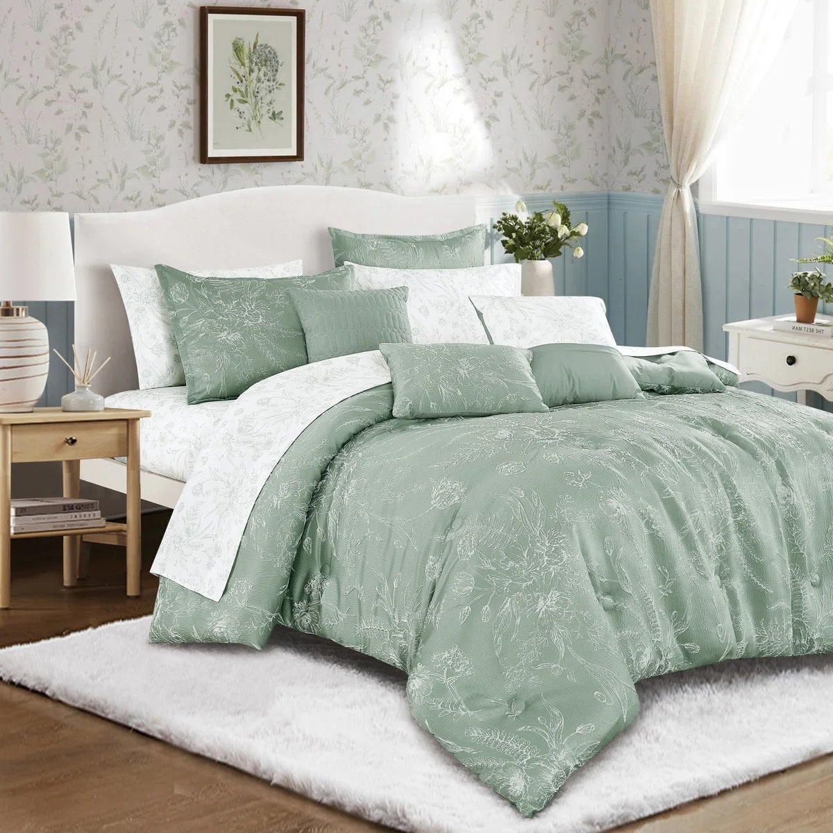 Jacquard Sage Green Floral 10 Piece Bed-in-a-bag Comforter Set