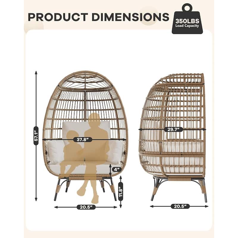 Oversize Wicker Egg Chair Outdoor with Steel Frame, Egg Basket Lounge Chair with 4 Cushions