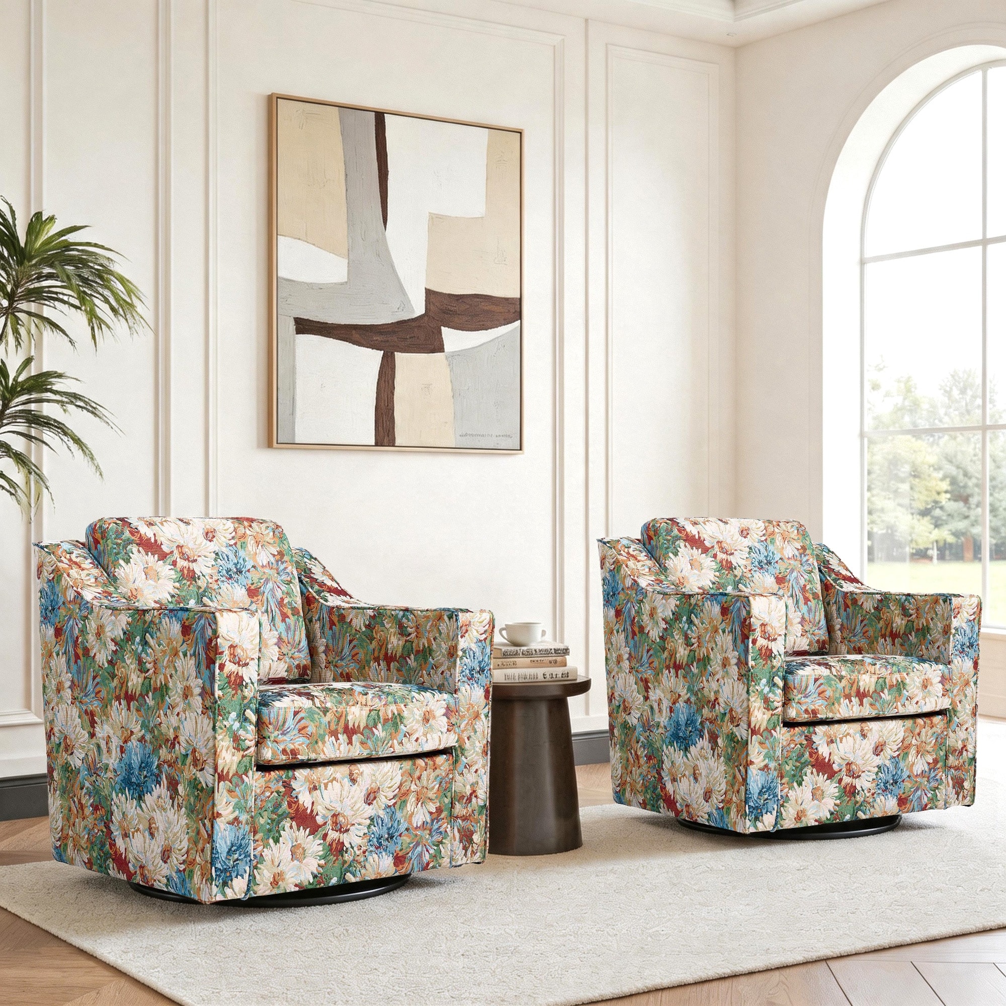 Casual Linen Swivel Upholstered Armchair Floral Striped Accent Chair Set of 2