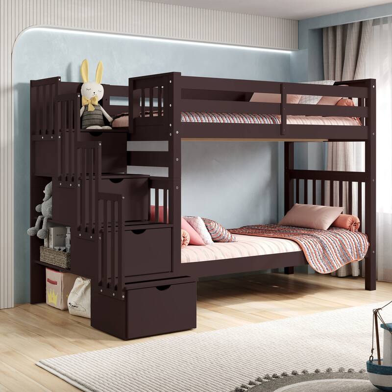 Taylor & Olive Trillium Tall Twin over Twin Stairway Bunk Bed, 4 Steps - Dark Cherry