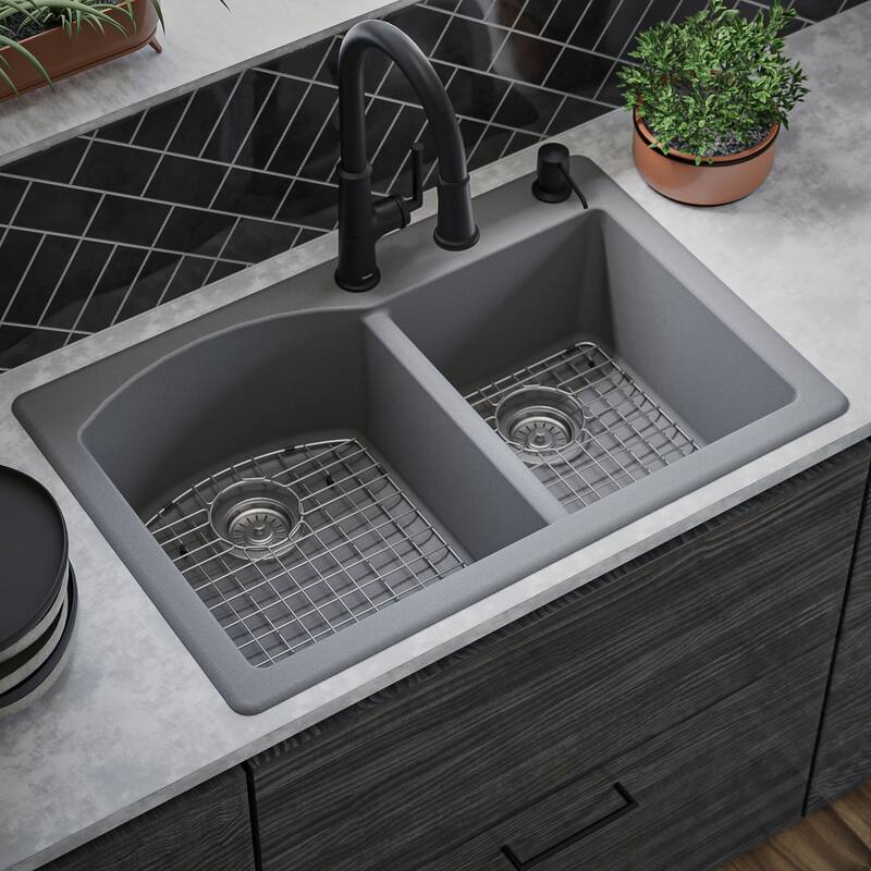 Karran Drop-In Quartz 33 in. 1-Hole 60/40 Double Bowl Kitchen Sink Kit