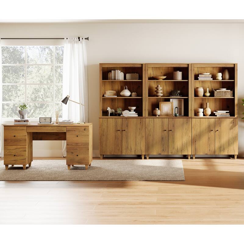 WAMPAT Home Office Furniture Set, 58" Executive Desk with Drawers, 3-Column 71" Tall Bookcase with Doors and Adjustable Shelves