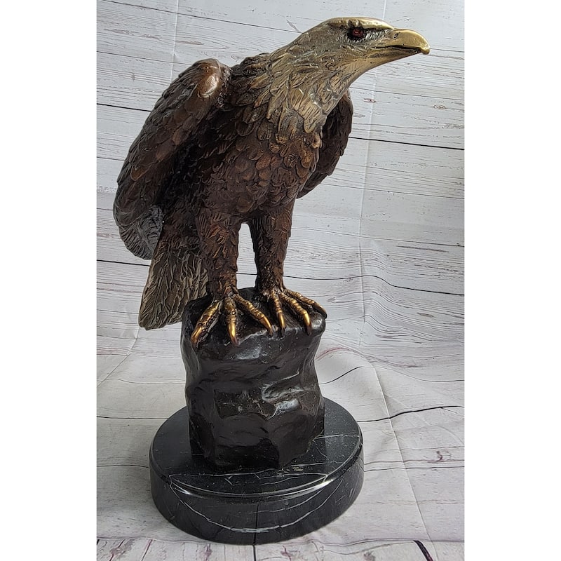 Bronze Sculpture Statue Of Bald Eagle By Moigniez Marble Base Outdoor 14 Inches X 15 Inches