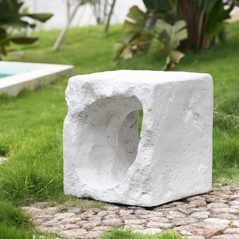 Roomfitters Lyra Outdoor Karst Cave Inspired Side Table with Organic Texture, Weather Resistant MGO, White
