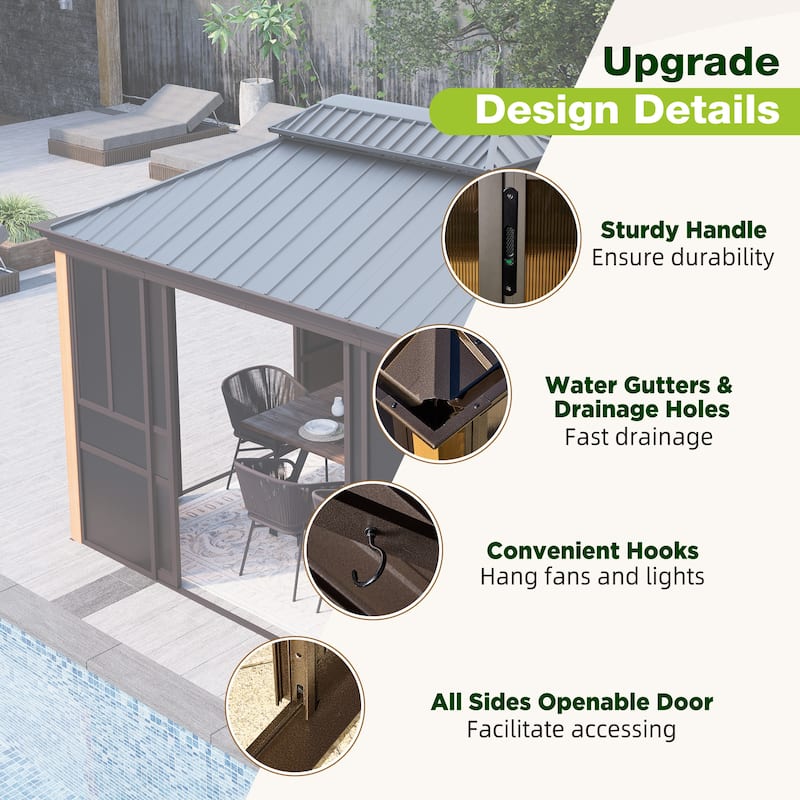 Erommy Outdoor Solarium Sunroom, Patio Hardtop Gazebo, Aluminum Frame Permanent Gazebo with Sliding Doors and Screens