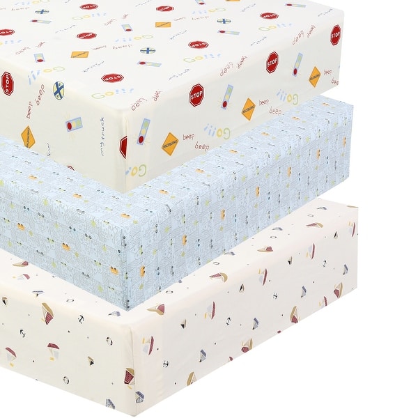 slide 2 of 7, Polka Dot Animal Bear Friends ABC&123 Unisex Multi-color Cotton Toddler/Baby Crib Child Fitted Sheet Set (Pack of 3) Transportation