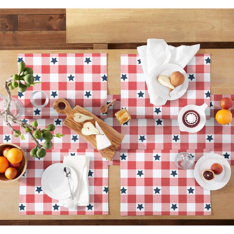 MARTHA STEWART Americana Star Gingham Plaid Indoor Table Runner, Reversible, Patriotic USA America Décor - 14"x72"