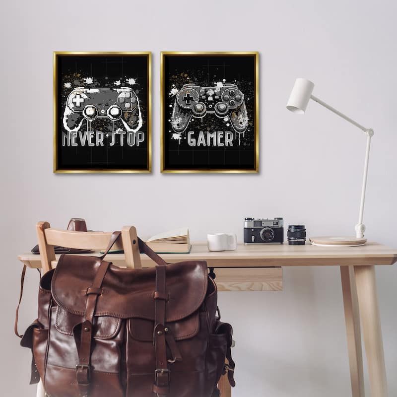 Stupell Modern Gamer Controller Phrases Framed Floater Canvas Wall Art Design By Kim Allen (Set of 2)