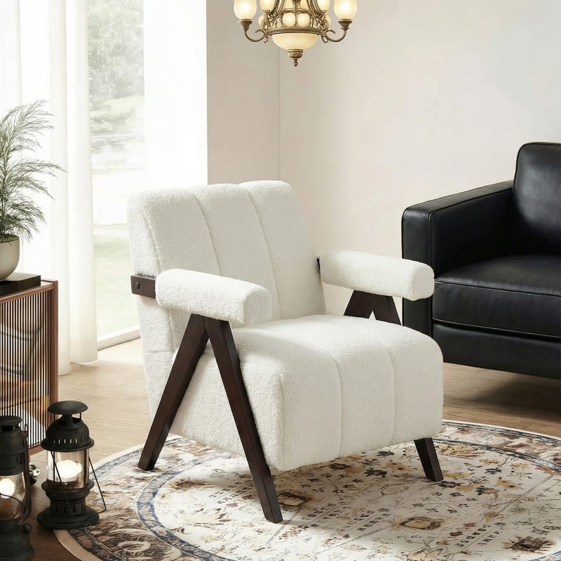 Mid Century Modern Accent Chair, Solid Wood Upholstered Armchair with Wide Backrest and Thick Cushion