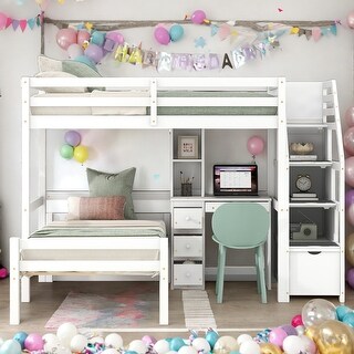 Twin Over Twin Loft Bed With A Stand-alone Bed,Staircase,Desk,Shelves