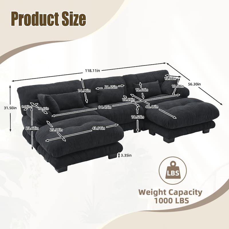 HOMEFUN Velvet Upholstered Oversized U-shaped Tufted Free Combined Sectional Sofa with Bolster Armrest Pillows