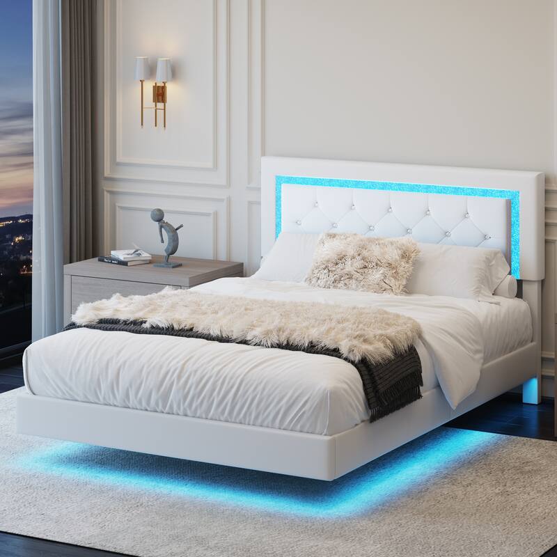 Full Size Bed Frame with Headboard, Floating Bed Frame with LED Lights, Upholstered Platform Bed with Diamond Tufted Headboard